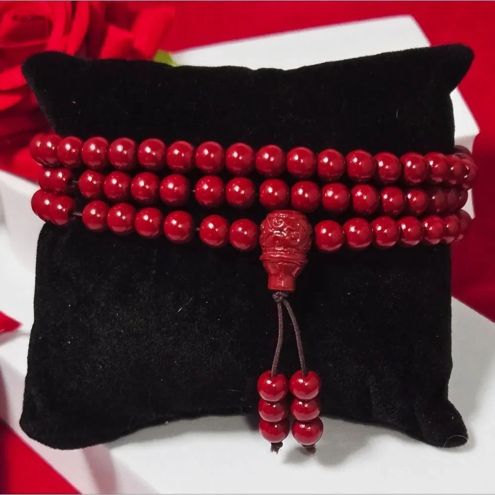 Red Cinnabar 108 Bead Wrap Bracelet Necklace Zodiac Natural Statement Jewelry